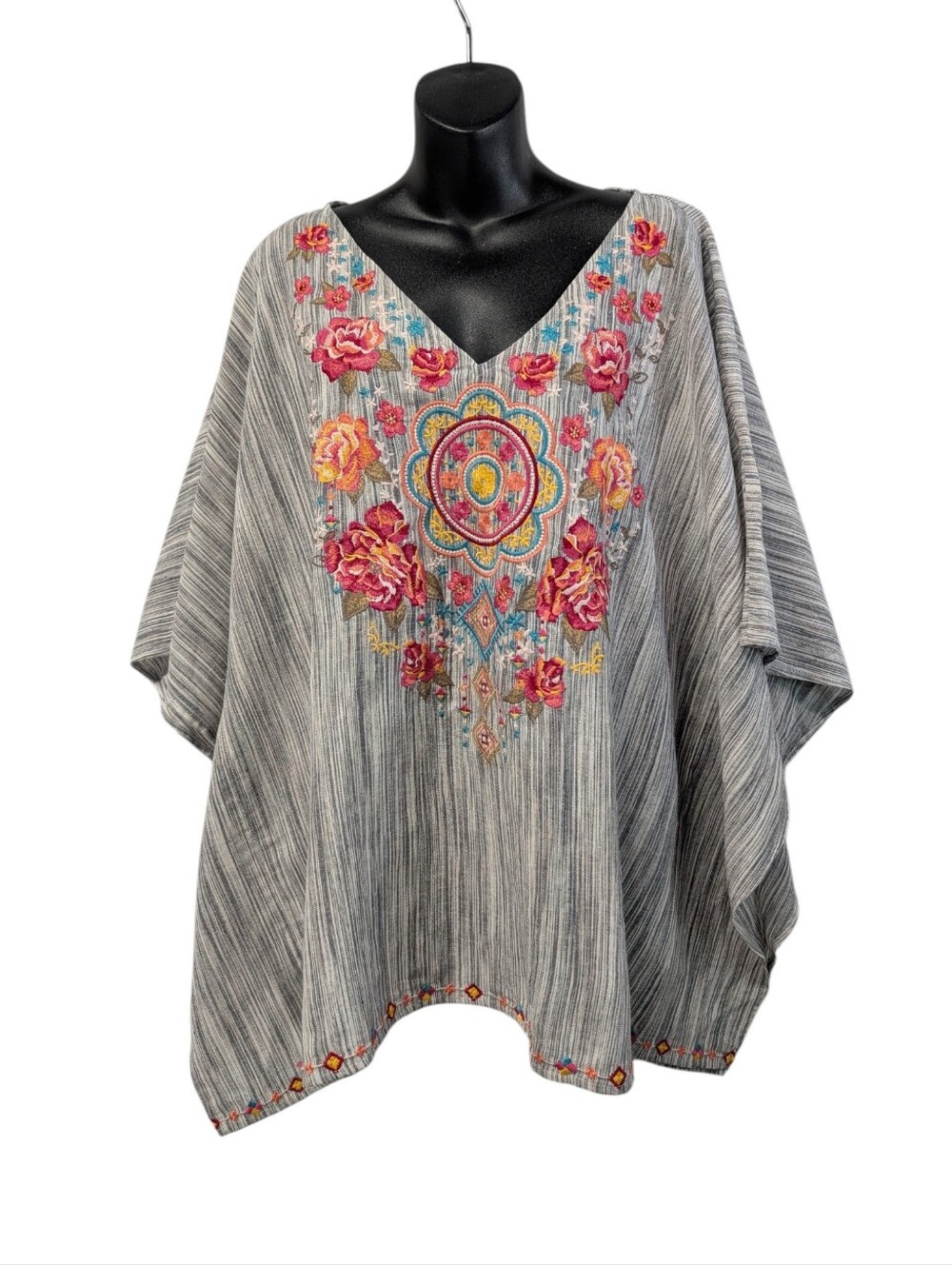 Savanna Jane Embroidered Floral Striped Poncho Top Boho V-Neck 1X/2X